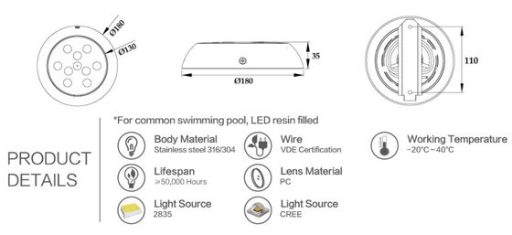 20000 horas 180mm 12W Rgb conduziu a luz da piscina