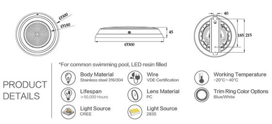 luzes subaquáticas da associação do diâmetro SS304 18W Inground de 300mm